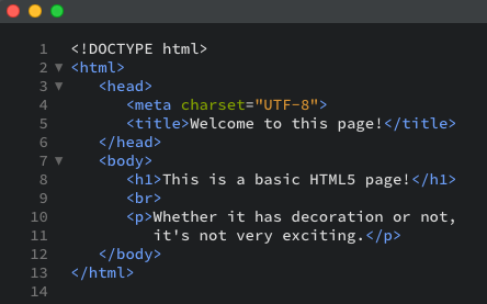 The basic HTML document as displayed in the editor view.