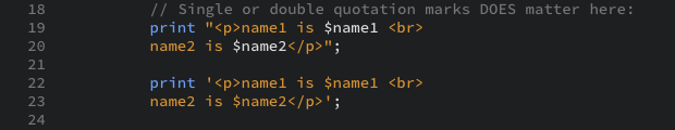 The script that prints out the variables using both types of quotation marks as displayed in the editor view.