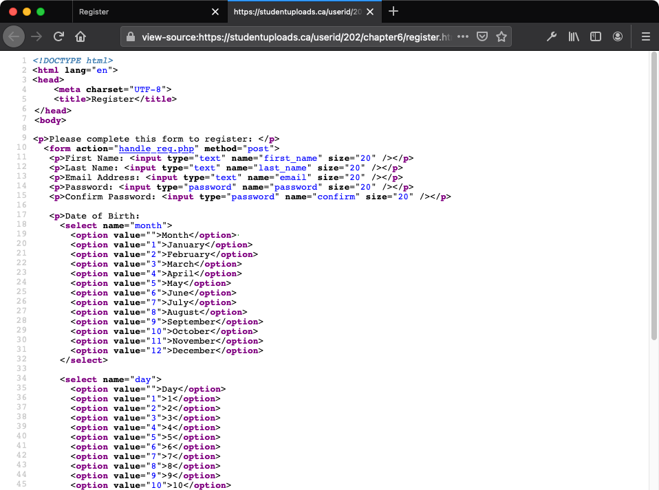 The HTML script that used the 'for' loop function as displayed in the browser view.