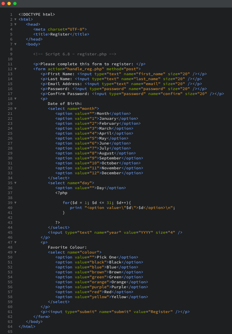 The script that uses a PHP for loop to dynamically generate the day of the month drop-down menu as displayed in the editor view.