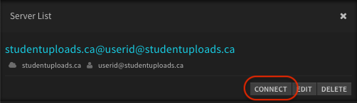 Synapse showing studentuploads.ca@userid@studentuploads.ca credentials.