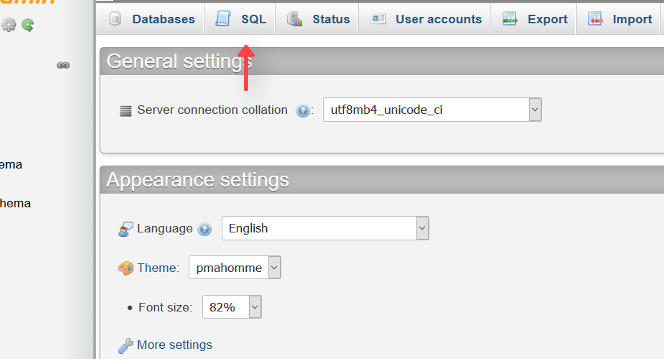 The SQL tab in phpMyAdmin.